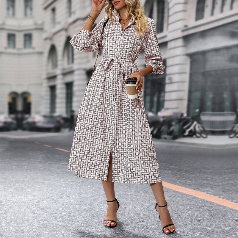 Geometric Print Midi Shirt Dress with Tie-Waist and Slit