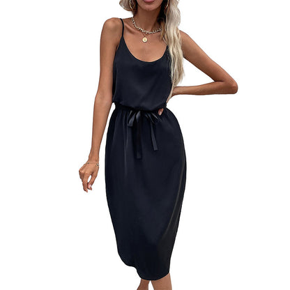 Solid A-Line Midi Dress with Spaghetti Straps and Waist Tie