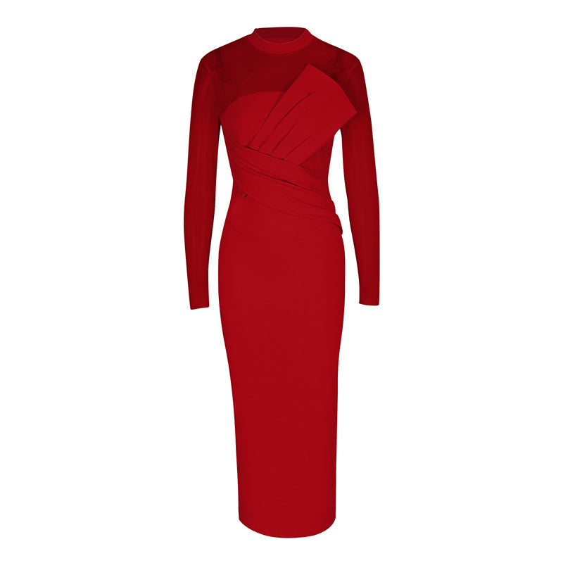 Bodycon Midi Dress with Sheer Mesh Top and Draped Bodice