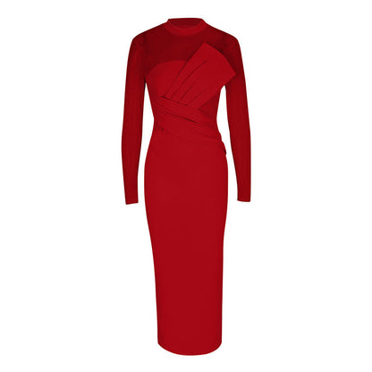 Bodycon Midi Dress with Sheer Mesh Top and Draped Bodice