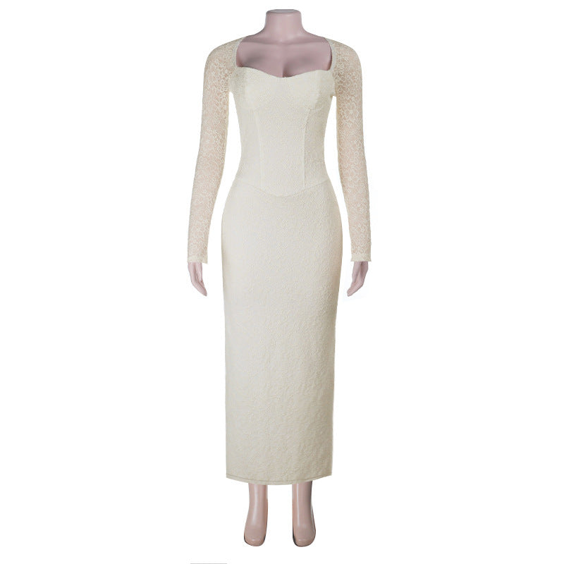 Bodycon Maxi Dress with Lace Sleeves and Corset Bodice