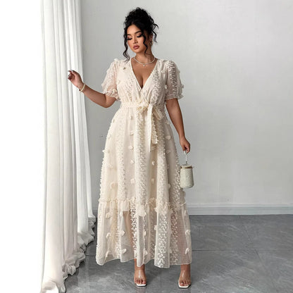 A-Line Maxi Dress with 3D Floral Applique and Puff Sleeves