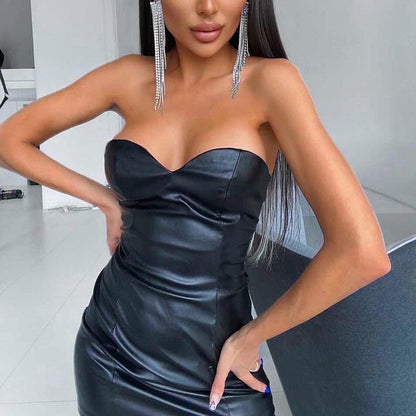 Bodycon PU Leather Mini Dress with Strapless Sweetheart Neckline