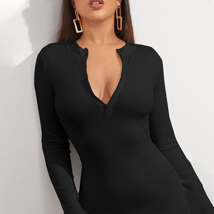Ribbed Bodycon Mini Dress with Quarter-Zip and Thumbholes