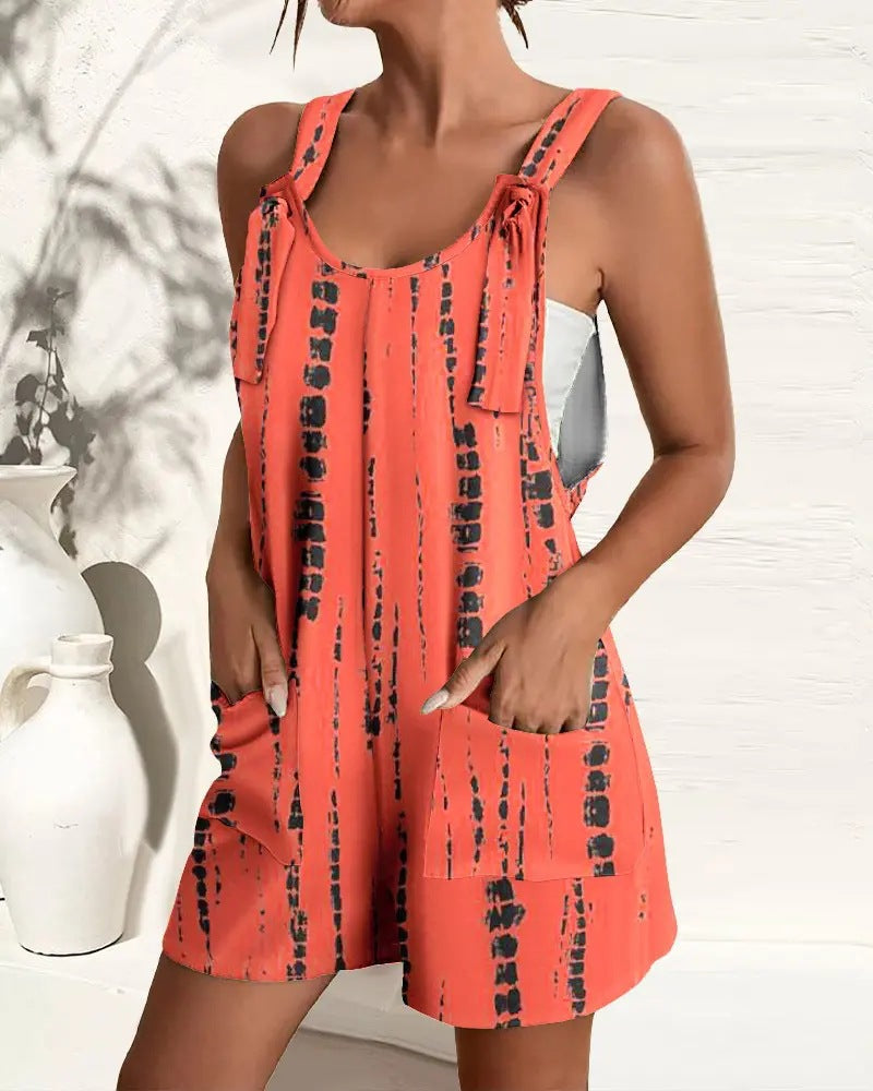 Patterned Romper with Tied Shoulder Straps and Pockets