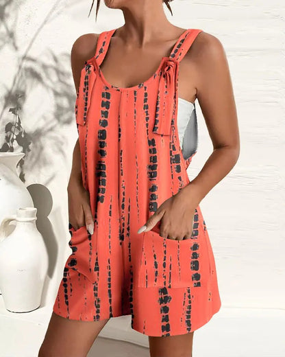 Patterned Romper with Tied Shoulder Straps and Pockets