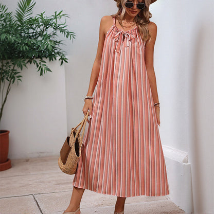 Striped Strap Midi Dress with Bowknot and Loose Fit