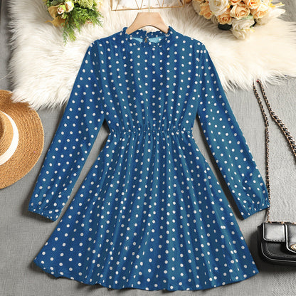 Polka Dot A-Line Dress with Ruffled Mock Neck and Long Sleeves