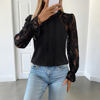 Solid Color Blouse with Lace Sleeves and Mock Neck
