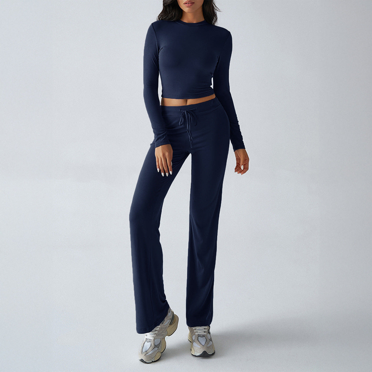 Solid Cropped Long-Sleeve Top & Straight-Leg Pants Loungewear Set