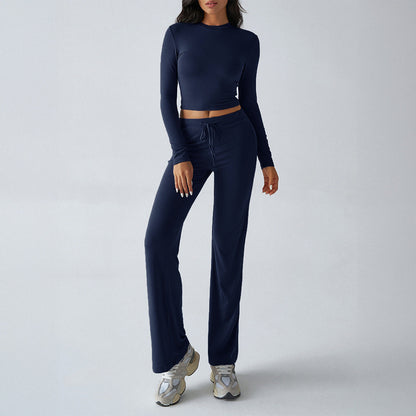Solid Cropped Long-Sleeve Top & Straight-Leg Pants Loungewear Set