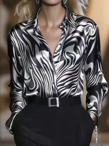 Wavy Zebra Print Satin Blouse with Long Sleeves and Lapel Collar