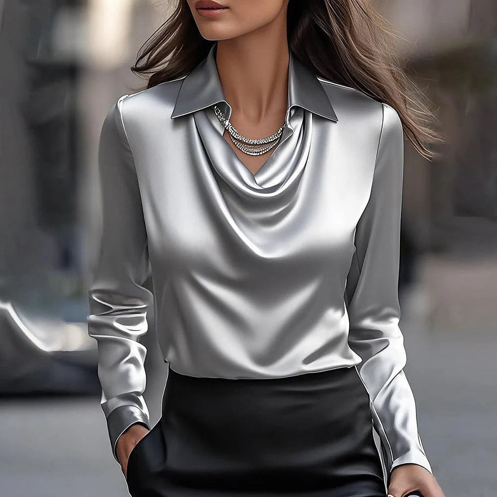 Solid Satin-Effect Blouse with Cowl Neck and Long Sleeves