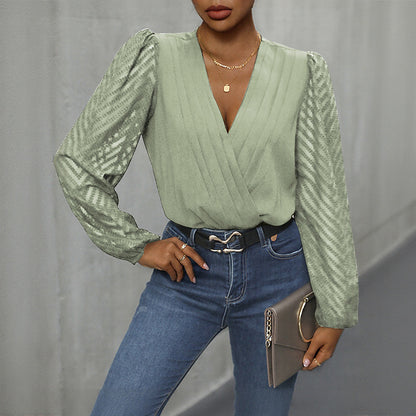 Wrap V-Neck Blouse with Pleated Front and Sheer Sleeves