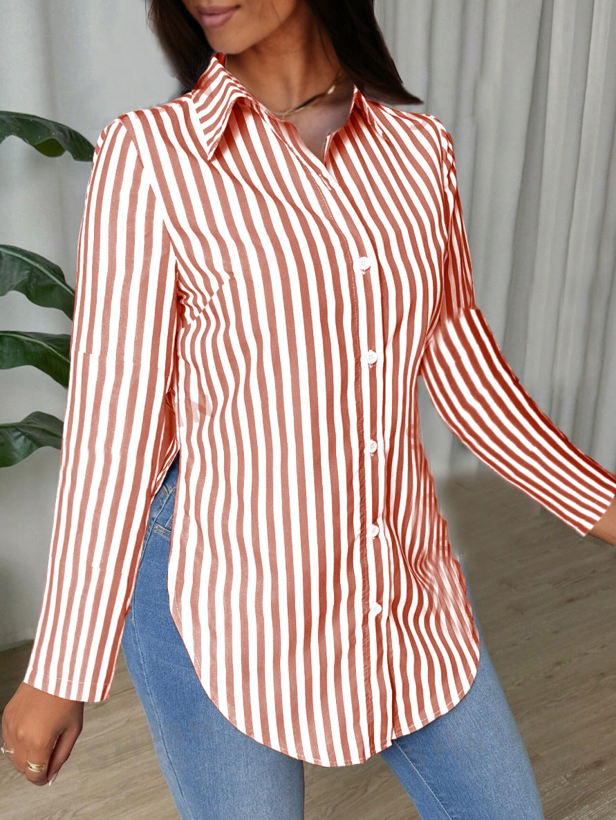 Striped Shirt with Long Sleeves and Curved Hem