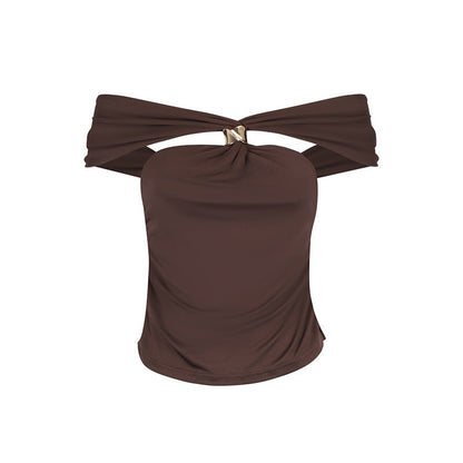 Slim Fit Off-Shoulder Top with Front Cut-Out and Buckle