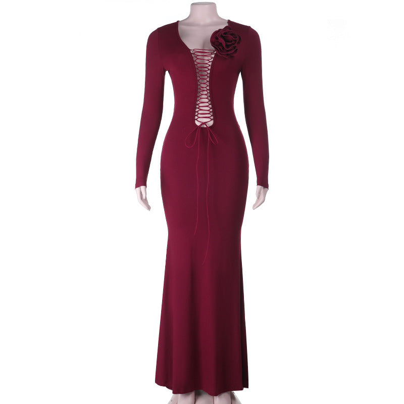 Bodycon Maxi Dress with Lace-Up Cut-Out and Rose Applique