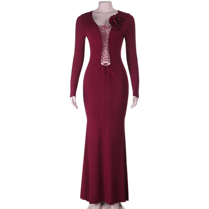 Bodycon Maxi Dress with Lace-Up Cut-Out and Rose Applique