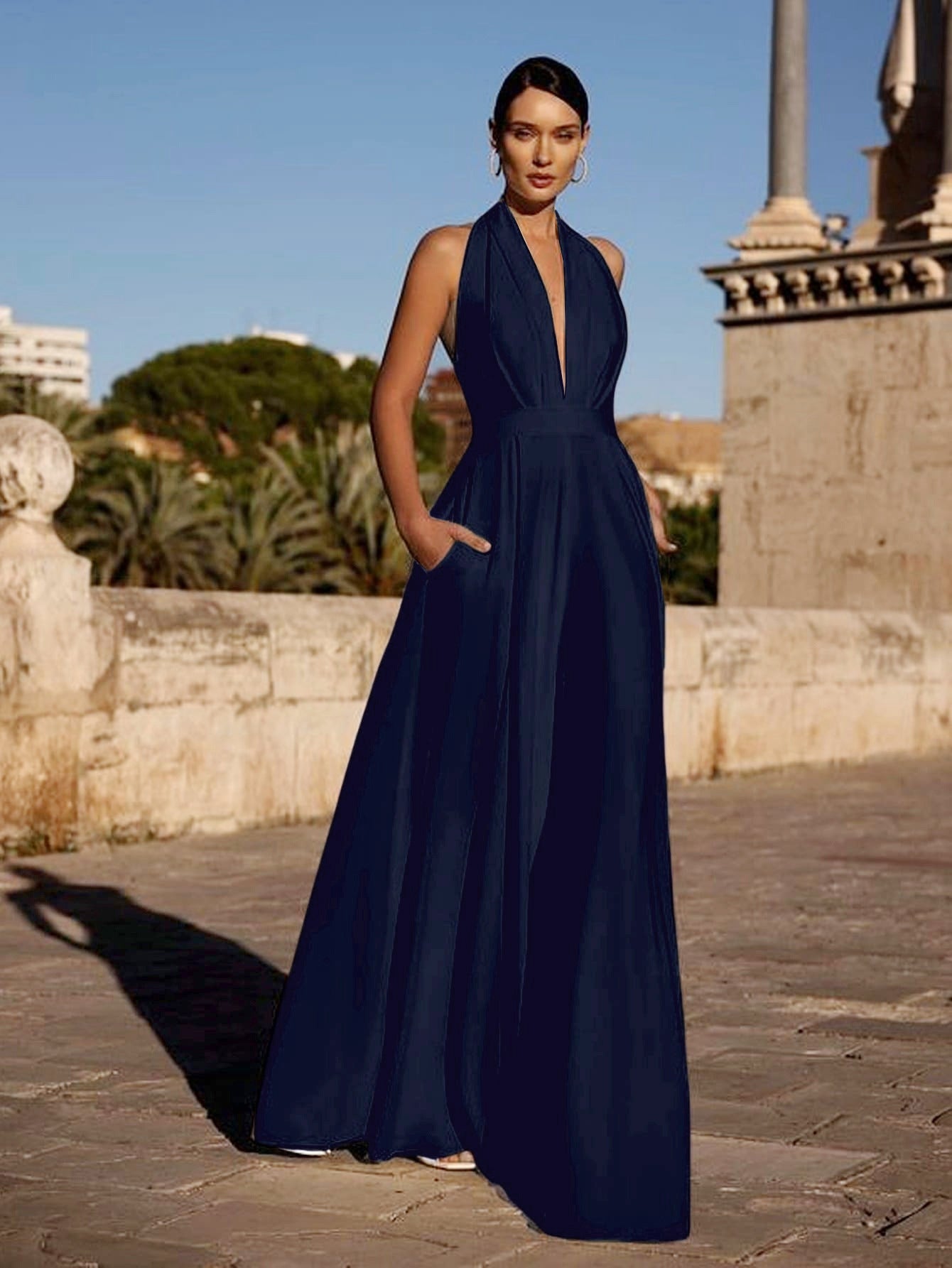 Wide-Leg Jumpsuit with Halter Neck and Deep V-Neck