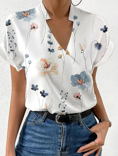 Loose Floral Print Blouse with V-Neck and Stand Collar