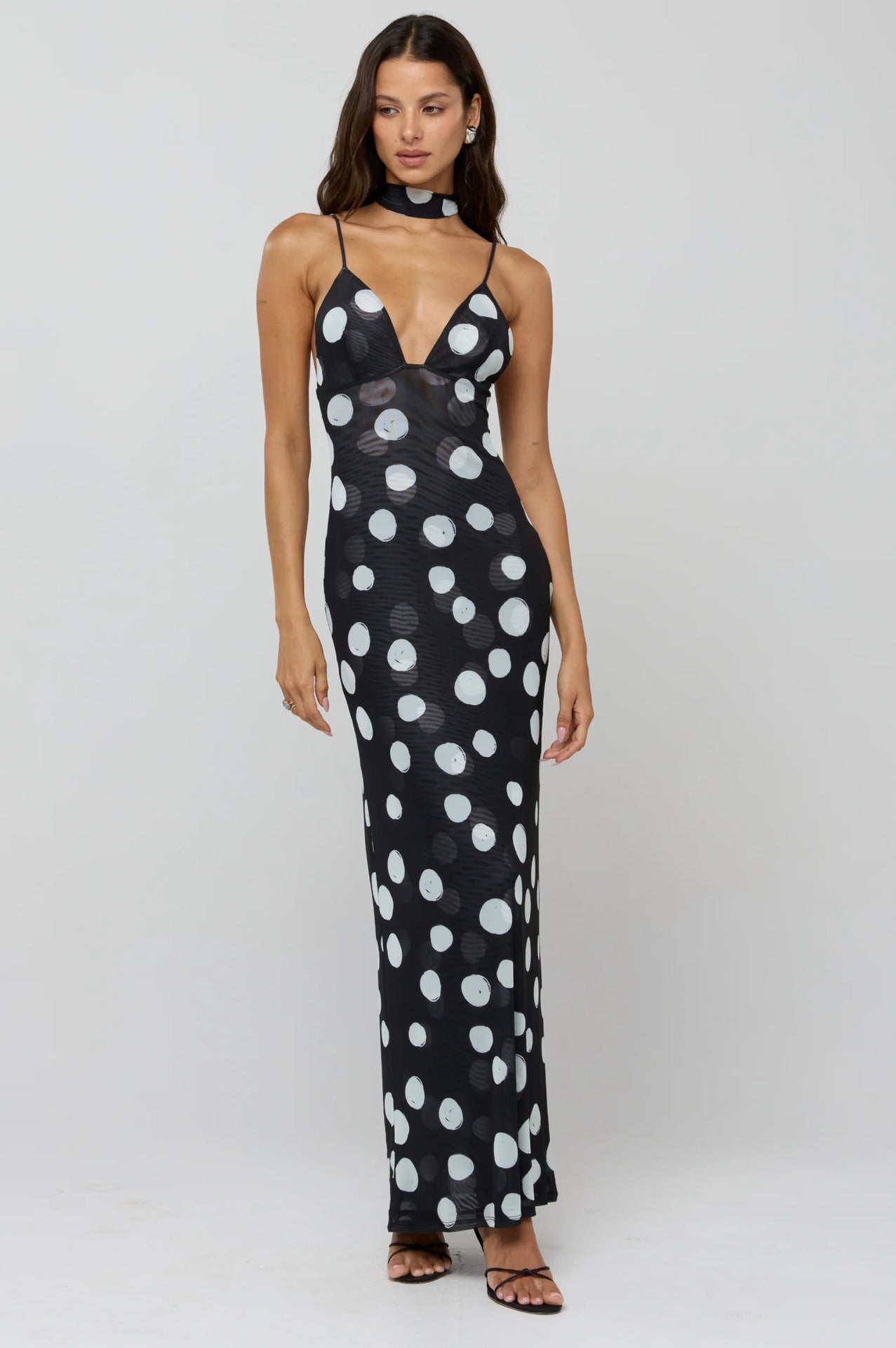 Polka Dot Slim-Fit Maxi Dress with Deep V-Neck and Scarf