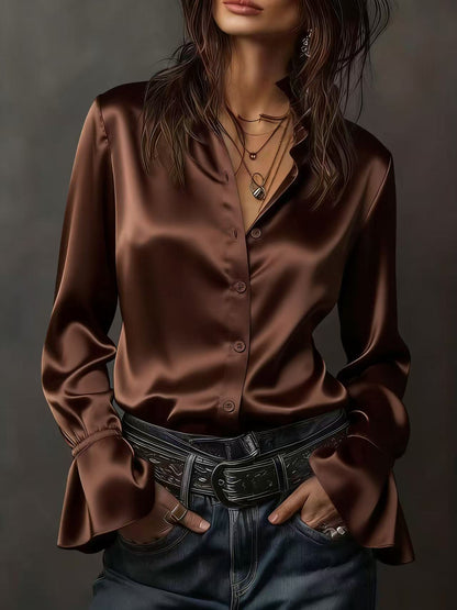 Solid Satin Blouse with Ruffle Collar and Flared Sleeves