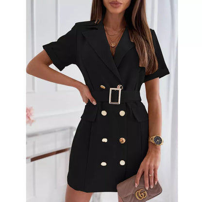 Double-Breasted Short-Sleeve Blazer Mini Dress with Belt