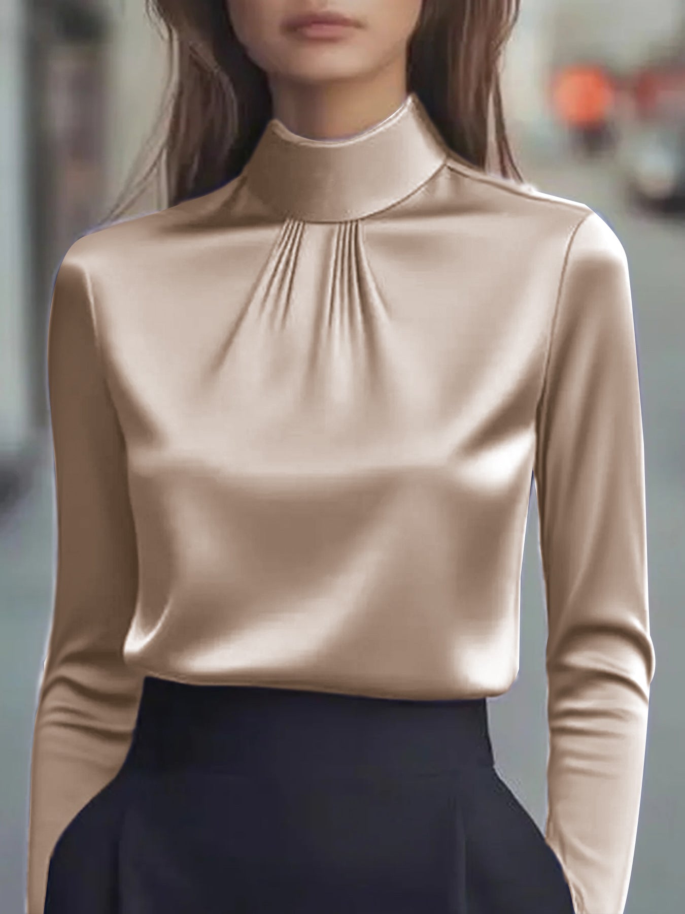 Satin Long-Sleeved Blouse with Stand Collar and Pleats
