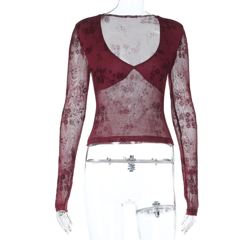 Flocked Floral Mesh Top with Deep V-Neck and Long Sleeves