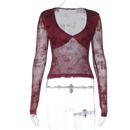 Flocked Floral Mesh Top with Deep V-Neck and Long Sleeves