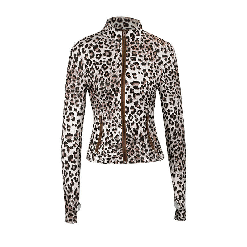 Leopard Print Long-Sleeve Zip-Up Top with High Collar