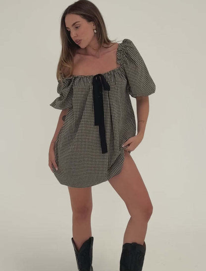 Babydoll Mini Dress with Puff Sleeves and Tie Detail