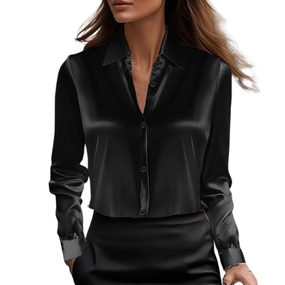 Solid Satin-Finish Button-Down Blouse with Lapel