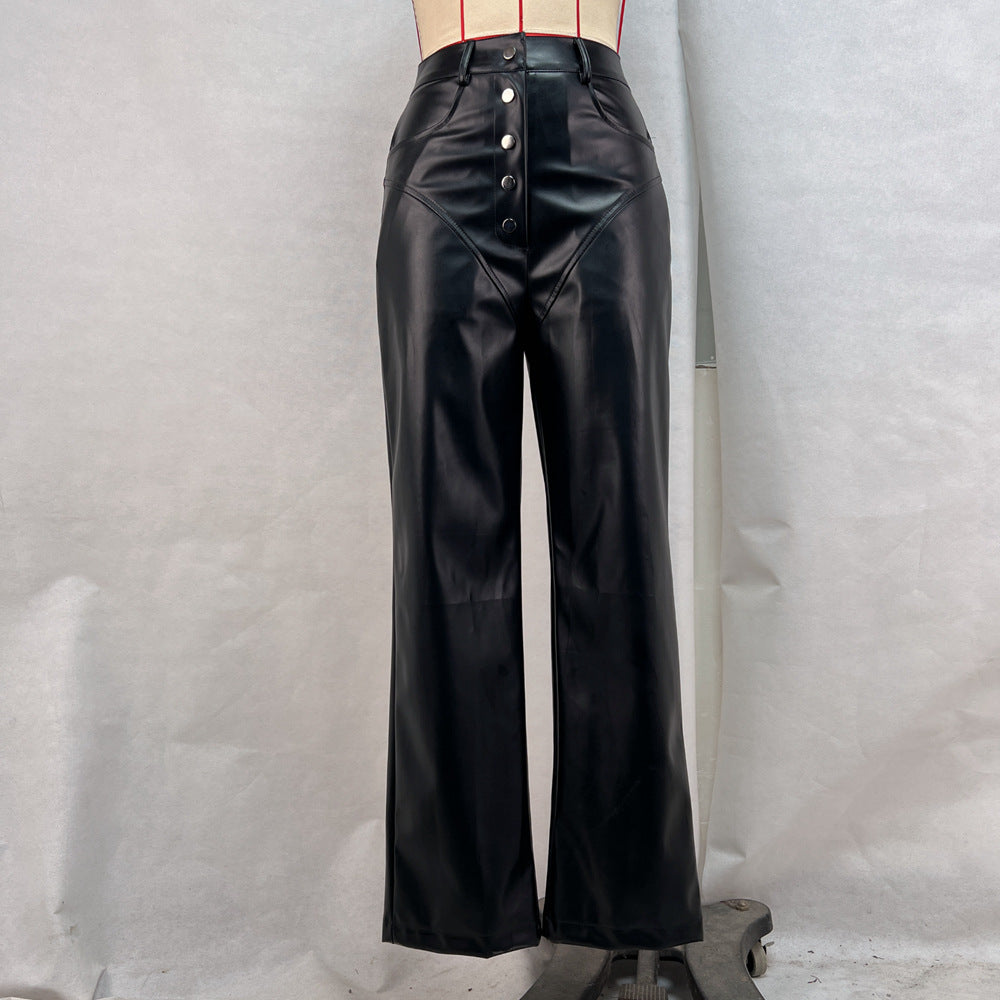 Straight-Leg PU Leather Pants with Exposed Button Fly