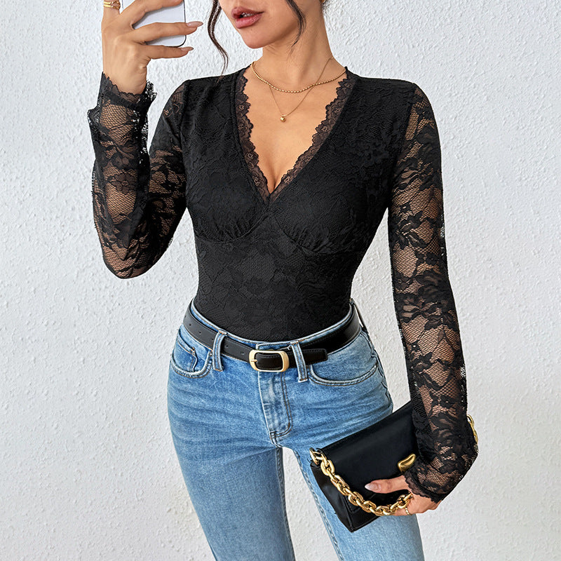 Long Sleeve Lace Bodysuit with V-Neck and Tie-Back