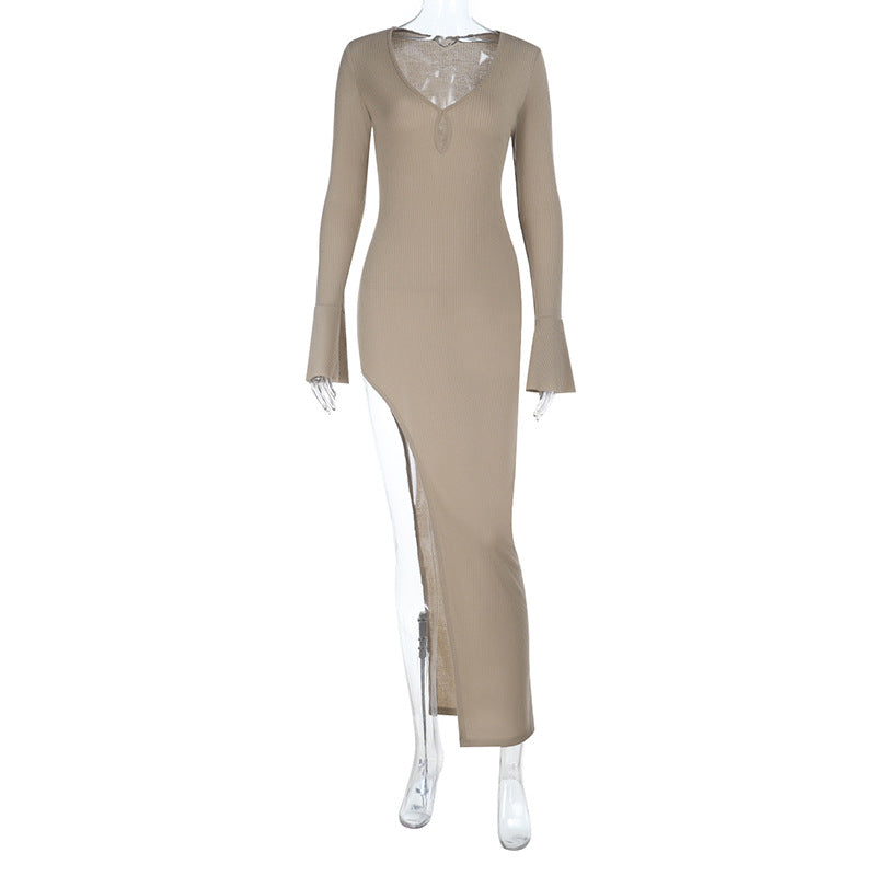 Ribbed Knit Bodycon Maxi Dress with V-Neck and High Slit