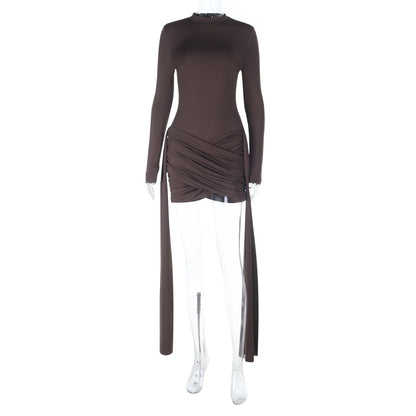 High-Neck Slim Fit A-Line Mini Dress With Streamers Solid Color
