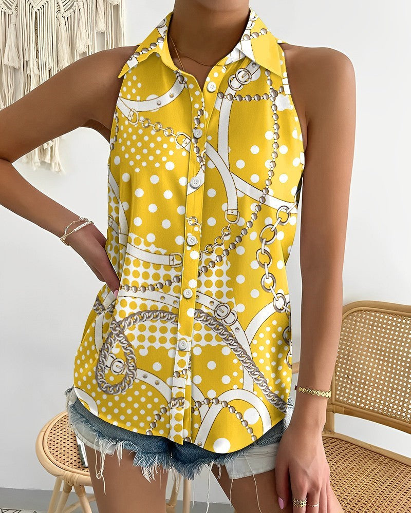 Abstract Print Halter Top with Collared Button Front