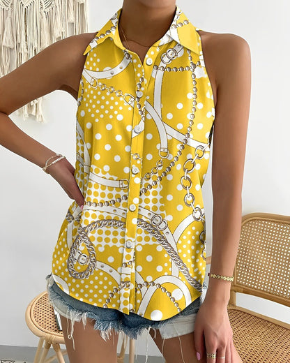 Abstract Print Halter Top with Collared Button Front
