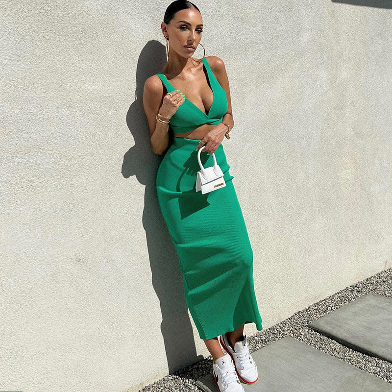 Deep V Midi Dress With High Waist Solid Green
