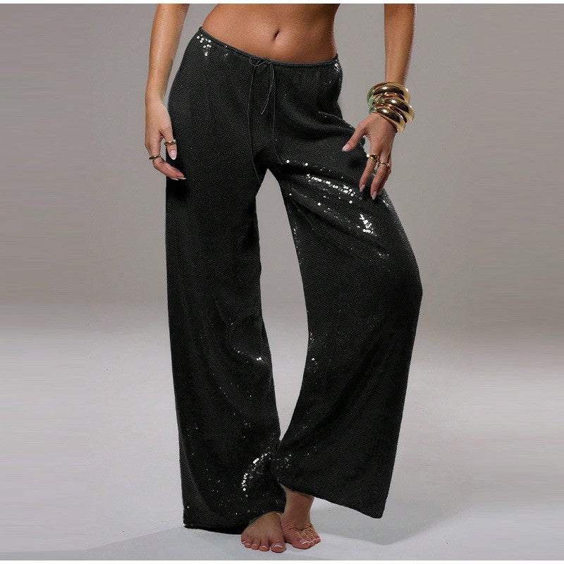Wide-Leg Sequined Trousers with High Waist and Drawstring