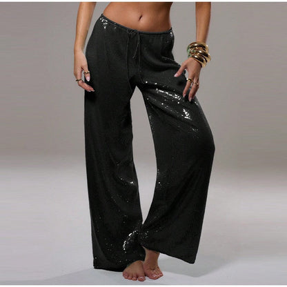 Wide-Leg Sequined Trousers with High Waist and Drawstring