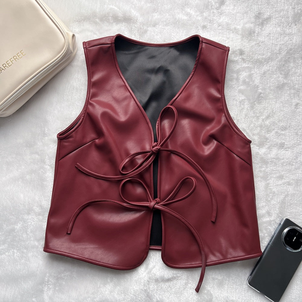 Cropped PU Leather Vest with Front Tie Closures