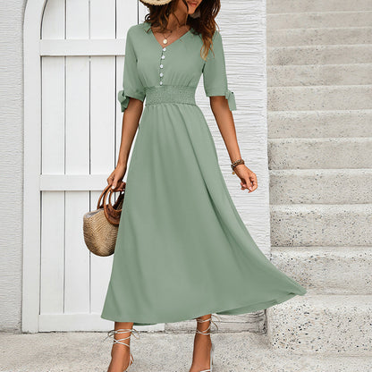 A-Line Midi Dress with V-Neck and Smocked Waist