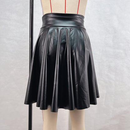 High-Waist PU Leather Umbrella Skirt with Zipper