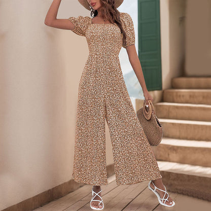 Floral Wide-Leg Jumpsuit with Square Neck and Puff Sleeves
