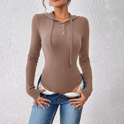 Ribbed Bodysuit with Hood and Henley Placket