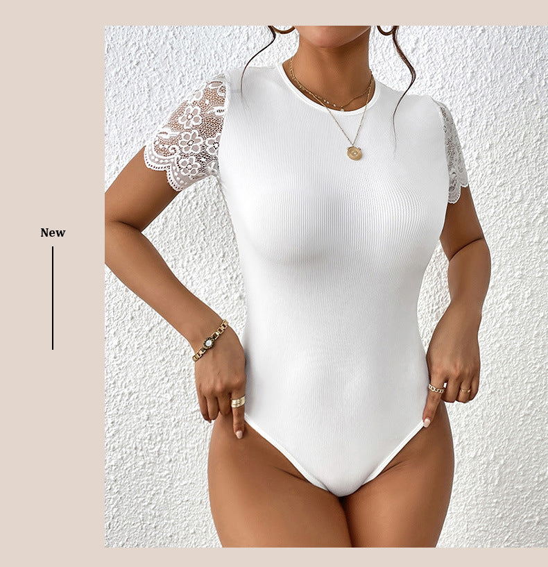 Bodycon Ribbed Bodysuit with Lace Short Sleeves