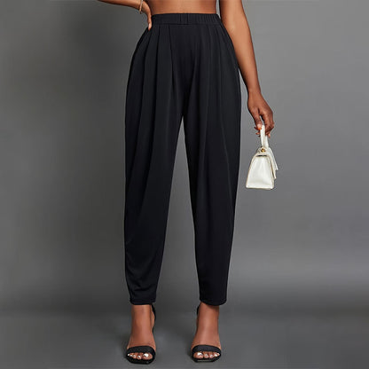 Pleated Tapered Pencil Pants with Elastic Waist