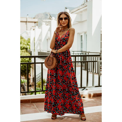 Tropical Print A-Line Maxi Dress with V-Neck and Straps
